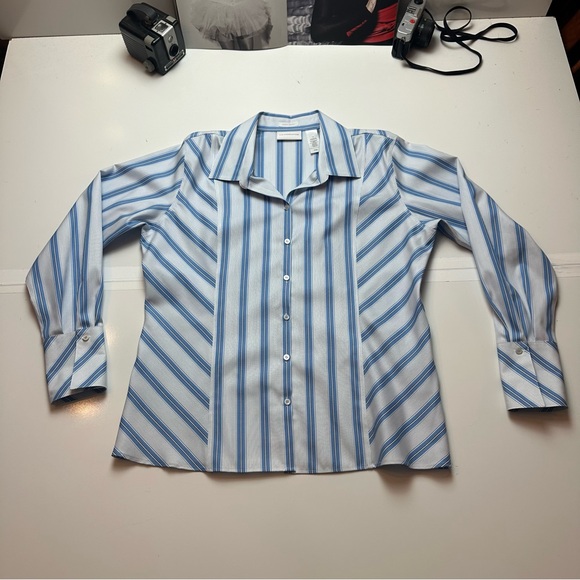 Liz Claiborne Blue & White Striped Button Down100% Cotton Classic Prep Coastal - Picture 1 of 9